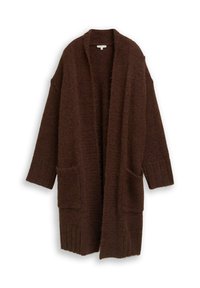 Brązowy sweter na drutach o luźnym kroju, z otwartym przodem, długimi rękawami i dwoma przednimi kieszeniami. Tkanina o fakturze i miękkim wyglądzie.