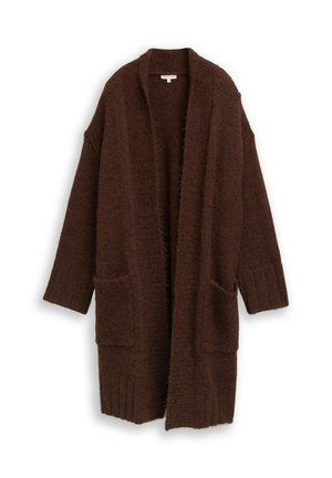 Brązowy sweter na drutach o luźnym kroju, z otwartym przodem, długimi rękawami i dwoma przednimi kieszeniami. Tkanina o fakturze i miękkim wyglądzie.