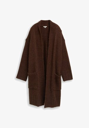 Brązowy sweter na drutach o luźnym kroju, z otwartym przodem, długimi rękawami i dwoma przednimi kieszeniami. Tkanina o fakturze i miękkim wyglądzie.