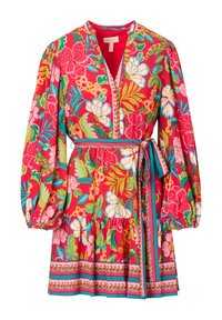 Rotes Blumenkleid mit Puffärmeln, V-Ausschnitt und Taillenband. Mit lebhaften Blumenmustern, gerafftem Saum und kontrastierenden türkisfarbenen Akzenten.