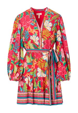 Vestito rosso a fiori con maniche a sbuffo, scollo a V e cintura annodata in vita. Presenta motivi floreali vibranti, orlo arricciato e accenti turchesi a contrasto.