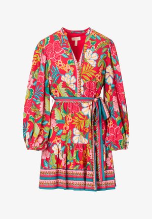 Vestito rosso a fiori con maniche a sbuffo, scollo a V e cintura annodata in vita. Presenta motivi floreali vibranti, orlo arricciato e accenti turchesi a contrasto.