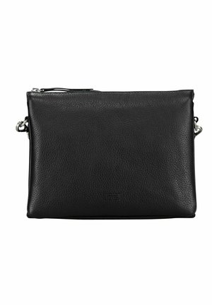 Sac bandoulière en cuir noir texturé avec des ferrures argentées et une fermeture éclair, forme rectangulaire et logo embossé subtil au centre devant.