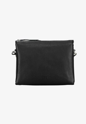 Sac bandoulière en cuir noir texturé avec des ferrures argentées et une fermeture éclair, forme rectangulaire et logo embossé subtil au centre devant.