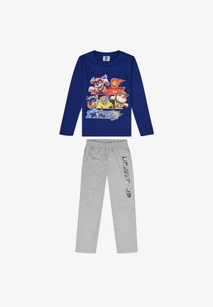 Marineblaues Langarmhemd mit Cartoonfiguren auf der Vorderseite; graue Schlafanzughose mit "POWER UP" in lila seitlich bedruckt.