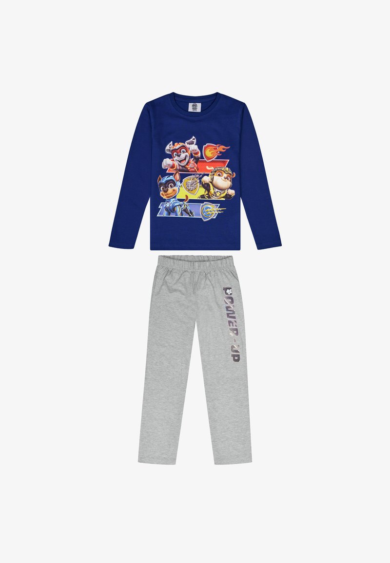 Navy long-sleeve shirt with cartoon characters on the front; gray pajama pants with "POWER UP" printed in purple down the side.