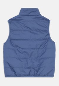 Padded blue vest with high collar, sleeveless design, quilted texture, and a straight hem. Smooth fabric with minimal embellishments.