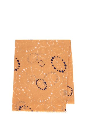 Écharpe orange à motifs avec des cercles et des points en marine, gris et blanc. Texture douce avec des bords frangés. Forme rectangulaire.