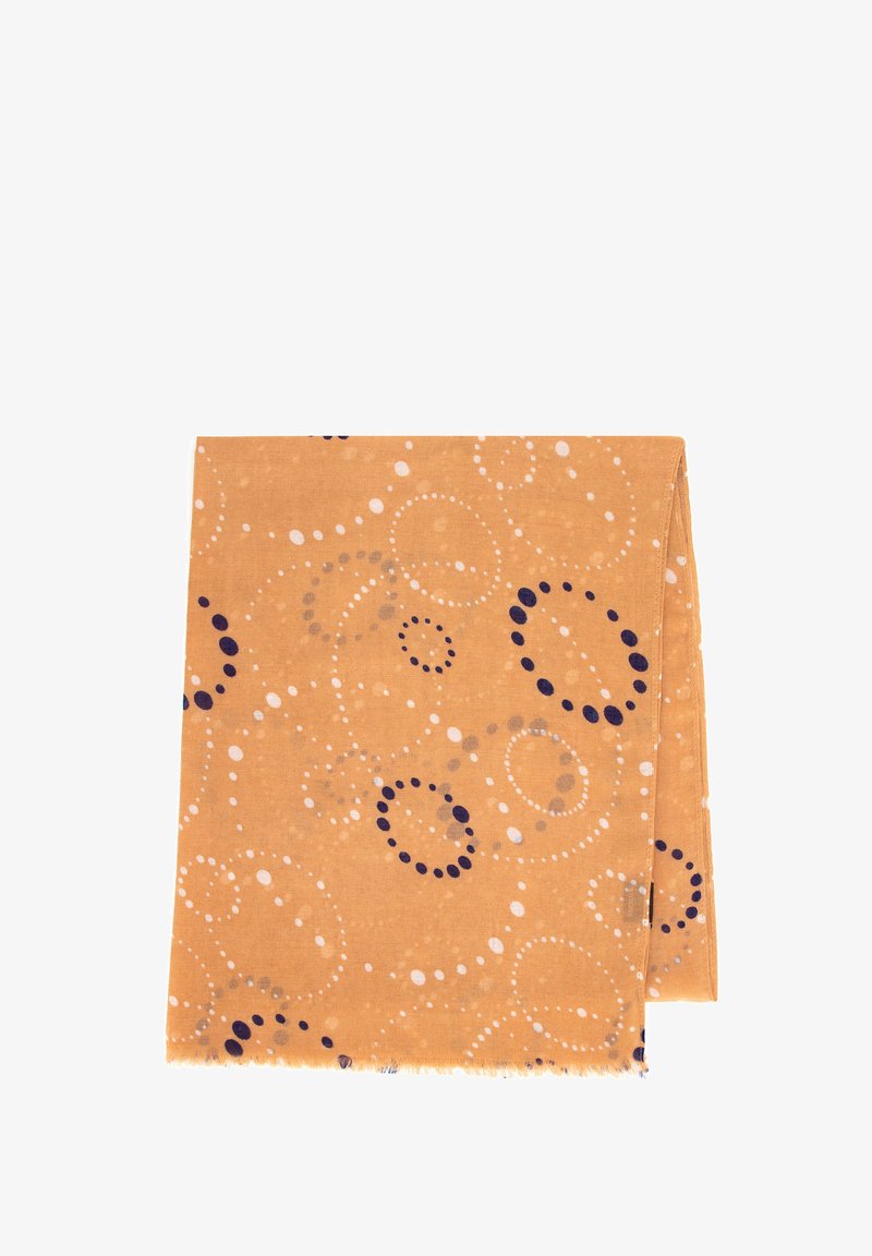 Sciarpa arancione a fantasia con cerchi e punti in navy, grigio e bianco. Morbida al tatto con bordi frangiati. Forma rettangolare.