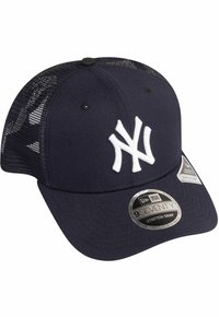 Marine-Blaues Baseballcap mit einem weißen "NY"-Logo. Verfügt über meshartige Rückpaneele und einen flachen Schirm. Hergestellt aus Stoff mit einer strukturierten Form.