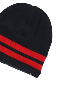 Neulepipo mustana, jossa on kaksi vaakasuoraa punaista raitaa. Pehmeä rakenne, pyöreä muoto, jossa on pieni logotagi alaosassa.