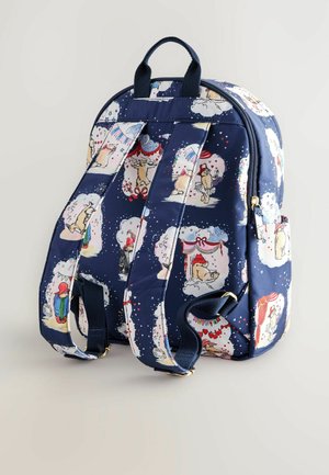 Navy backpack with colorful cartoon animal patterns, padded shoulder straps, and top handle. Features a zip closure and external pocket.