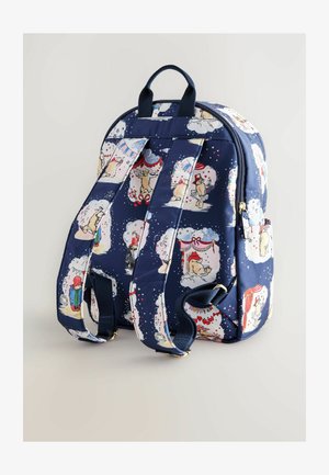 Mornarski ruksak s šarenim uzorcima karikiranih životinja, podstavljene naramenice i ručka na vrhu. Ima zatvaranje na zip i vanjski džep.