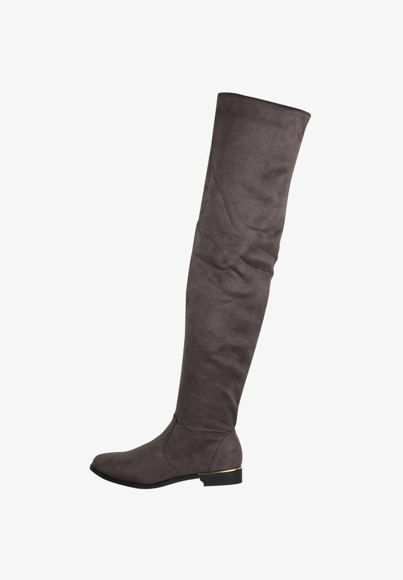 Bottes en suède gris montantes avec un bout arrondi, un petit talon carré et une texture lisse. Dotées d'un accent doré près du talon.
