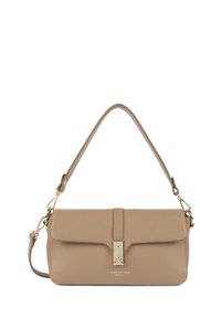 Beige textured leather handbag with a flap closure, adjustable shoulder strap, and gold-tone hardware. Features embossed brand logo.