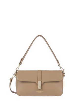 Beige textured leather handbag with a flap closure, adjustable shoulder strap, and gold-tone hardware. Features embossed brand logo.