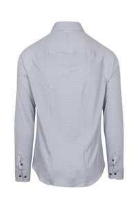 Langärmliges Hemd mit einem kleinen karierten Muster in Blau und Weiß, von hinten betrachtet.