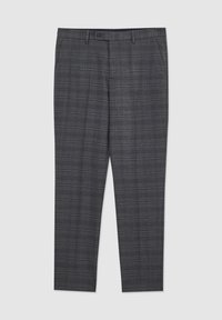 Grau karierte Hosen mit maßgeschneidertem Schnitt, mit flachem Bund, Taschen und glatter Stofftextur. Das Design enthält vertikale und horizontale Linien.