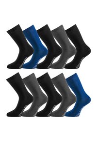 Dix paires de chaussettes pour hommes en noir, gris et bleu, chacune avec la marque "SERGE BLANCO" près des orteils.