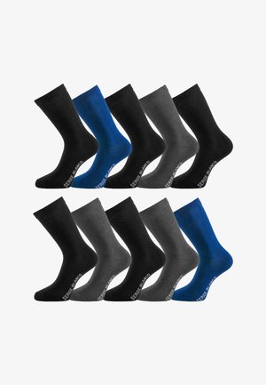 Dix paires de chaussettes pour hommes en noir, gris et bleu, chacune avec la marque "SERGE BLANCO" près des orteils.