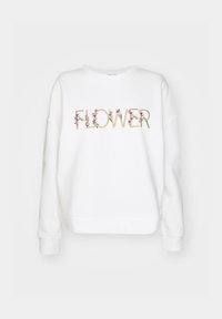 Vit sweatshirt med ordet "FLOWER" i broderade, färgglada blommiga bokstäver, rundad halsringning och ribbade ärmslut och nederkant.