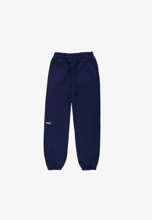 Granatowe dresy z elastycznym pasem, sznurkiem do regulacji i elastycznymi mankietami. Posiadają przednie kieszenie oraz małe logo na lewej udzie.