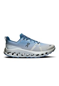 Light blue running shoe with a textured mesh upper, white accents, and a cushioned sole featuring cutouts for ventilation and flexibility.