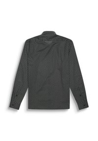 Camicia a maniche lunghe nera con un motivo geometrico. Presenta un colletto e polsini con bottoni. Realizzata in tessuto leggero.