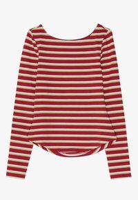 Langermet topp i rød og krem horisontale striper, med scoop hals og en lett buet hem. Laget av mykt, stretchy stoff.