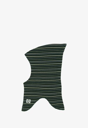Striped accessory in dark green and cream, made of soft fabric. Designed with a unique angular shape featuring a small brand logo tag.