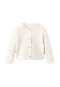 Bela pletena jopica iz teksturirane volne, z okroglim izrezom, dolgimi rokavi, petimi lesenimi gumbi in pikčastimi barvnimi detajli.