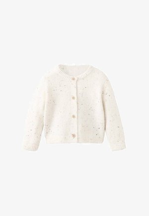 Bela pletena jopica iz teksturirane volne, z okroglim izrezom, dolgimi rokavi, petimi lesenimi gumbi in pikčastimi barvnimi detajli.