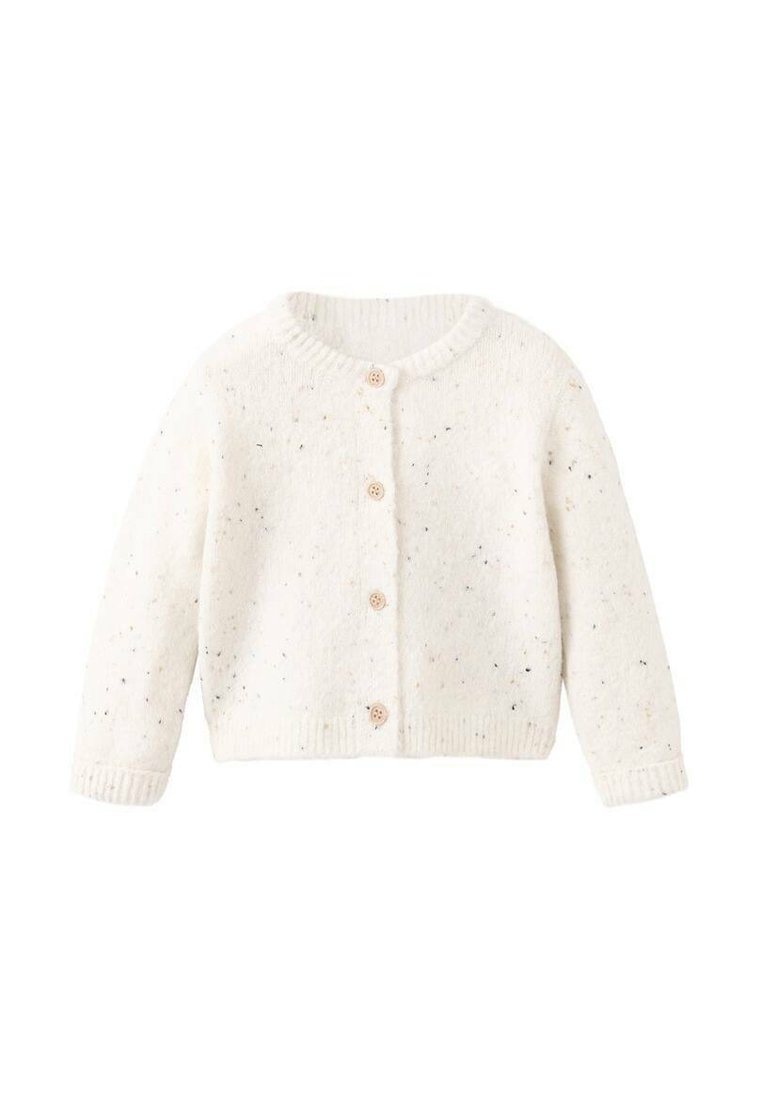 Bela pletena jopica iz teksturirane volne, z okroglim izrezom, dolgimi rokavi, petimi lesenimi gumbi in pikčastimi barvnimi detajli.