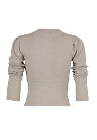 Pull en tricot côtelé beige clair avec un col rond et des manches trois-quarts. Présente un détail froncé aux épaules.
