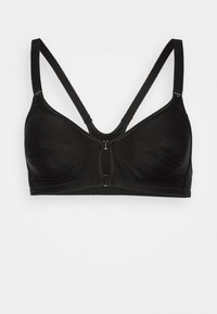 Svart bh med glatt tekstur, frontlukking og justerbare stropper. Har et klassisk design med formede kopper og ingen bøyle.