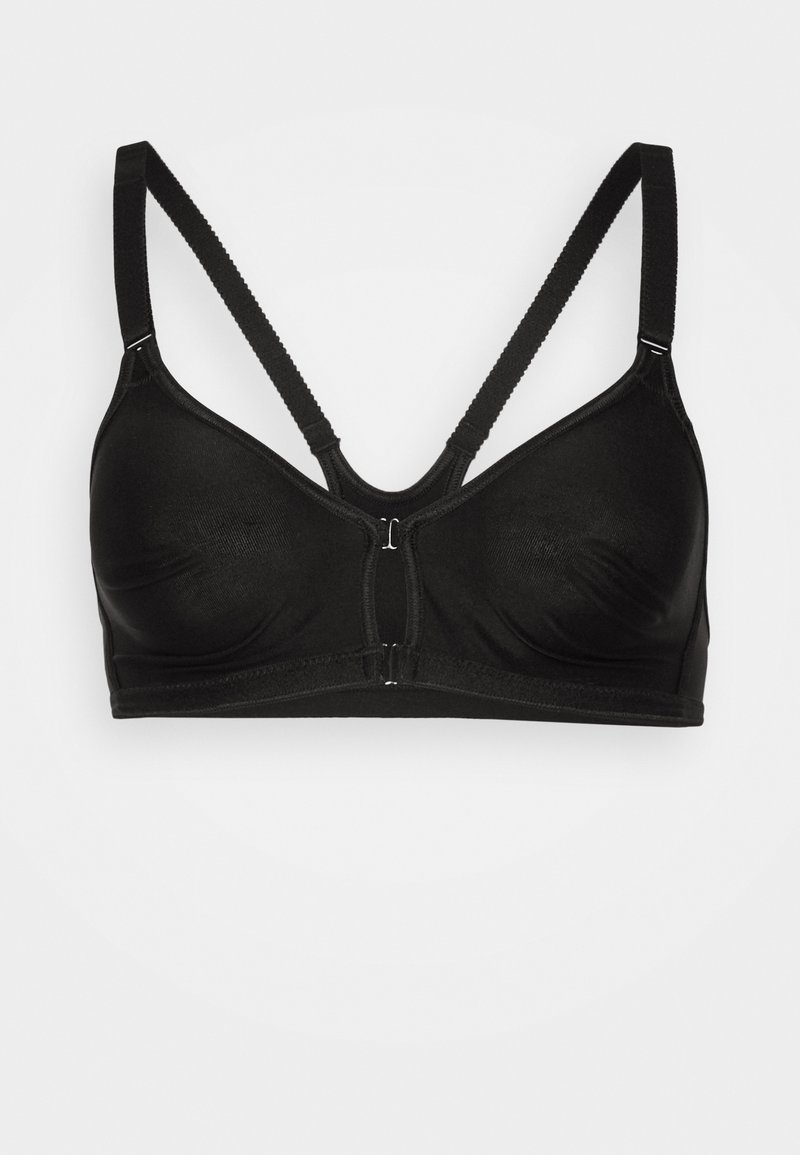 Sostén negro con una textura suave, cierre frontal y tirantes ajustables. Presenta un diseño clásico con copas moldeadas y sin varillas.