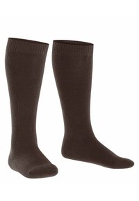 Calze marroni fino al ginocchio realizzate in un tessuto liscio e elastico. Presentano risvolti a coste e una punta rinforzata per una maggiore durata.