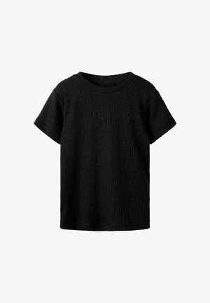 Black ribbed t-shirt with short sleeves and a round neck; textured surface with subtle shine; straight hem, no visible branding or accents.