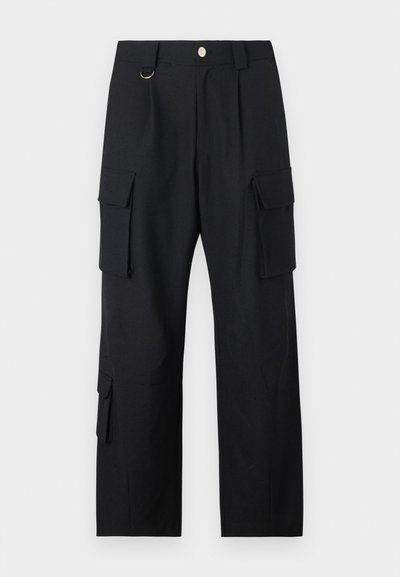 Black cargo pants made from a textured fabric feature multiple pockets, a straight-leg cut, and a zipper/button fastening at the waist.