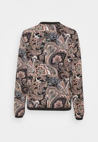 Chaqueta bomber negra con estampado de diseños de cachemira en tonos rosa, azul y crema, con puños y cuello acanalados. Textura de tela suave.