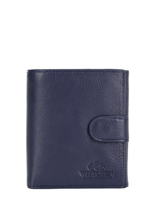 Ciemnoniebieski skórzany portfel z zapięciem na zatrzask i wytłoczonym logo "WITTCHEN" w dolnym prawym rogu.