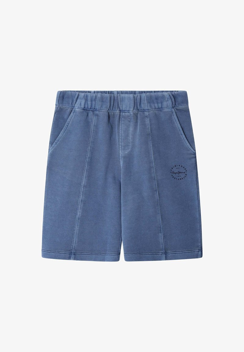 Shorts en coton bleu avec une taille élastique, deux poches latérales et un logo estampé sur la jambe gauche ; texture douce et design décontracté.