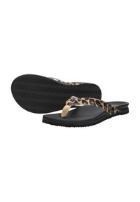 Black flip-flops with a leopard print strap. Soft rubber sole with a textured bottom for grip. Features a narrow toe post and flat footbed.