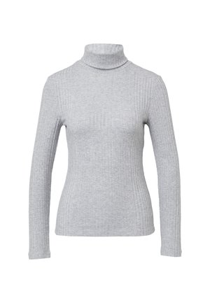 Grau gerippter Rollkragenpullover mit langen Ärmeln, aus einem weichen Material gefertigt. Verfügt über ein tailliertes Design und einen hohen, engen Kragen.