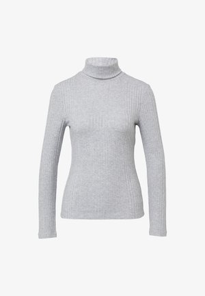 Gray ribbed turtleneck sweater with long sleeves, made of a soft material. Features a fitted design and a high, snug neckline.