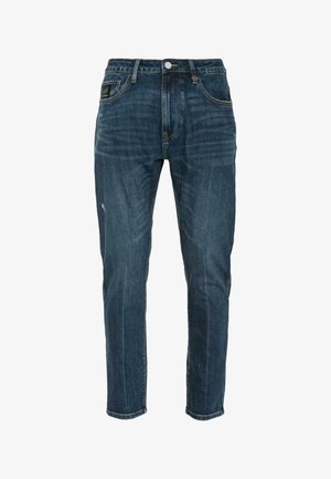 Jeans slim-fit blu scuro con dettagli sbiaditi, stile a cinque tasche, passanti per cintura e chiusura con bottone in vita.