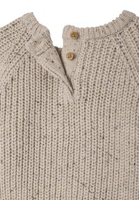 Beige Strickpullover mit strukturiertem Finish, ausgestattet mit einem Henley-Kragen und zwei Holzknöpfen. Rippstrickbündchen und Kragenverzierung.