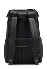 Black backpack with padded mesh back panel, adjustable straps, and top handle; features a smooth finish and a zippered closure.