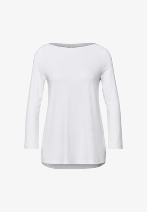 Maglietta bianca a maniche lunghe con scollo a barca, realizzata in tessuto liscio, con vestibilità rilassata e orlo arrotondato. Nessun motivo o dettaglio visibile.
