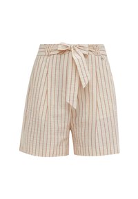 Shorts crème avec des rayures verticales rouille, présentant un design plissé et une ceinture à nouer à la taille. Fabriqués en matériau léger avec des poches latérales.